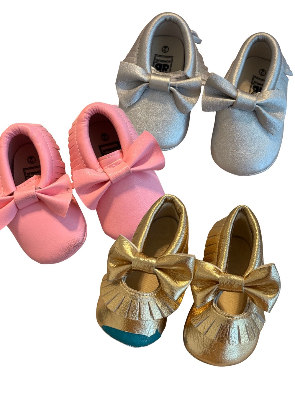 Romirus Baby Moccasins Size 2 – Pink Silver Gold 3-Pair Lot